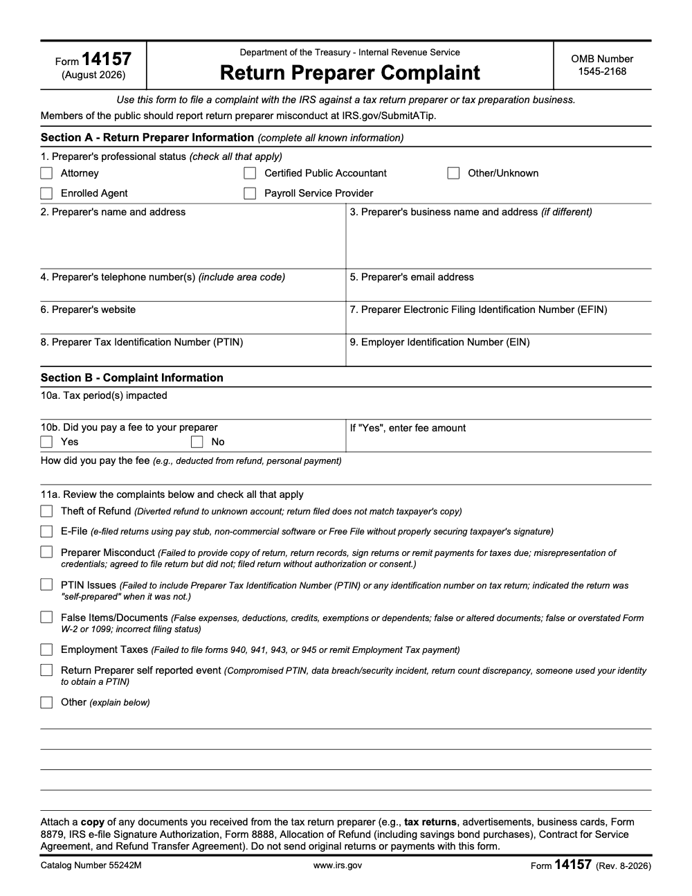 Page 1 of 4 of the official IRS Form 14157 PDF (Rev. August 2026)