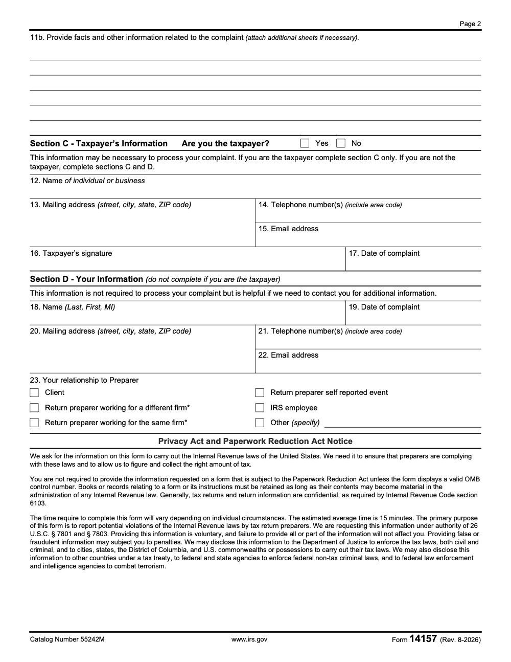 Page 2 of 4 of the official IRS Form 14157 PDF (Rev. August 2026)