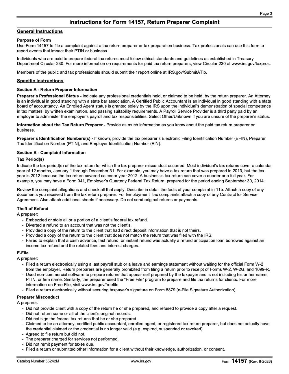 Page 3 of 4 of the official IRS Form 14157 PDF (Rev. August 2026): instructions