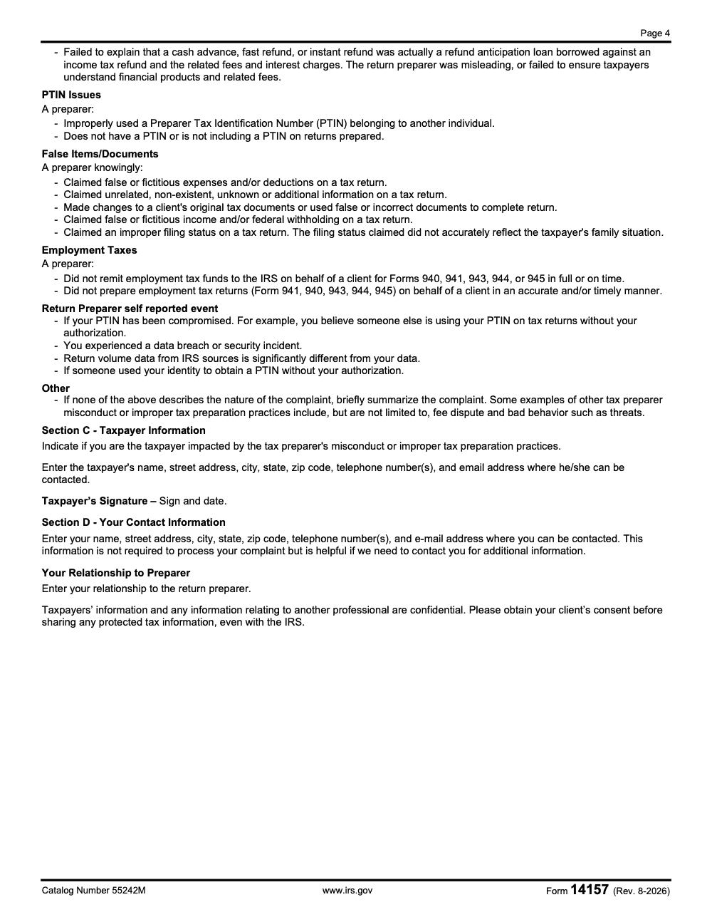 Page 4 of 4 of the official IRS Form 14157 PDF (Rev. August 2026)