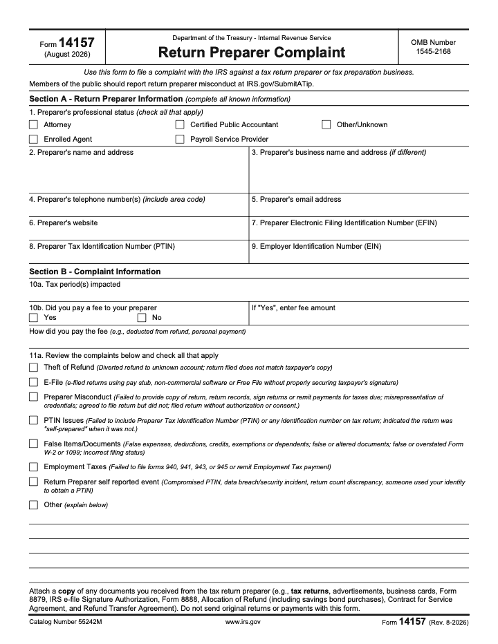 Page 1 of 4 of the official IRS Form 14157 PDF (Rev. August 2026)
