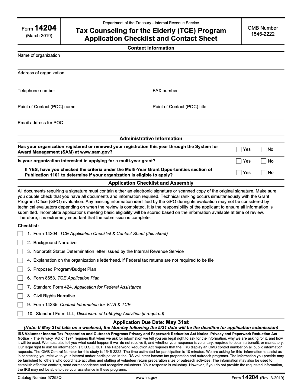 Page 1 of 1 of the official IRS Form 14204 PDF (Rev. March 2019)