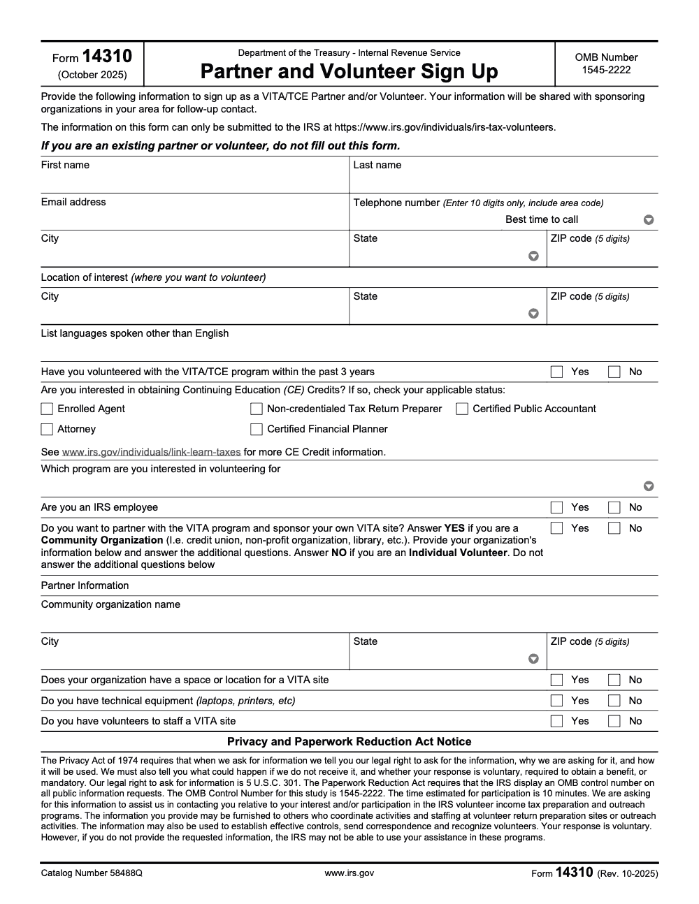 Page 1 of 1 of the official IRS Form 14310 PDF (Rev. October 2025)