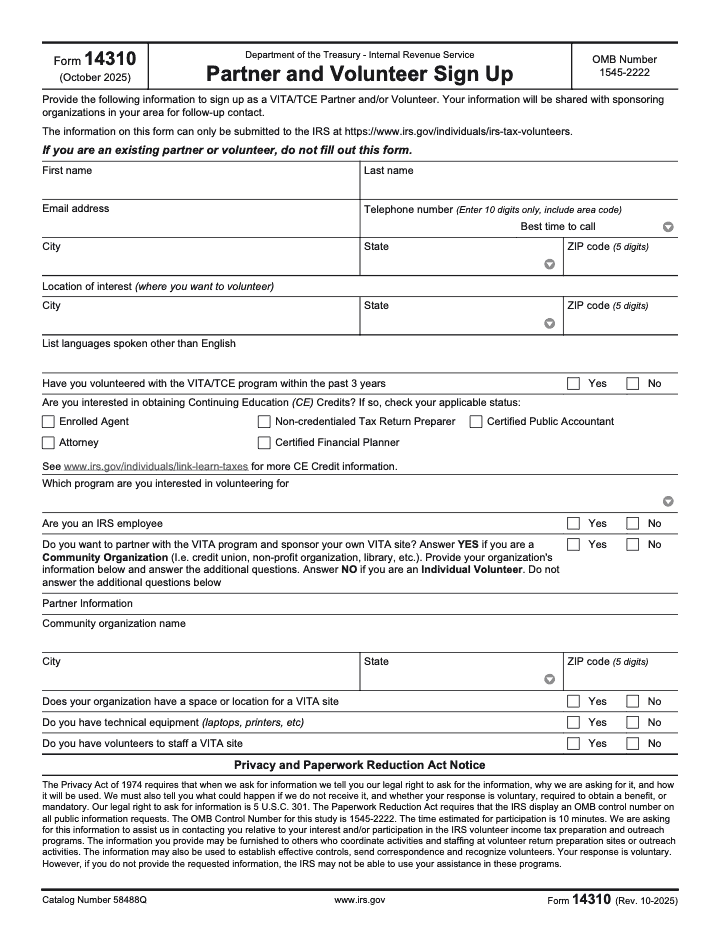 Page 1 of 1 of the official IRS Form 14310 PDF (Rev. October 2025)