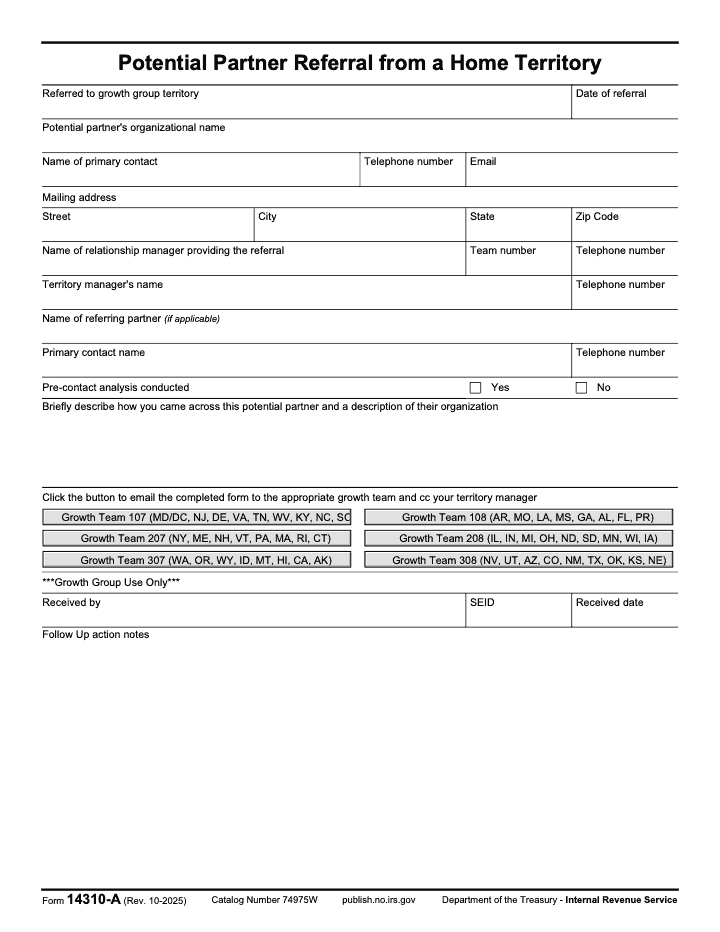 Page 1 of 1 of the official IRS Form 14310-A PDF (Rev. October 2025)