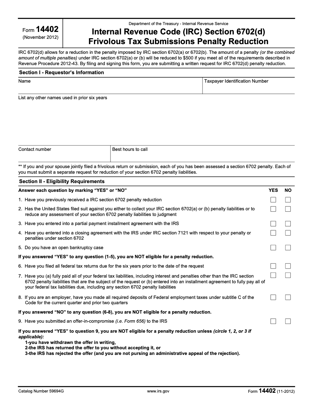 Page 1 of 4 of the official IRS Form 14402 PDF (November 2012 edition)