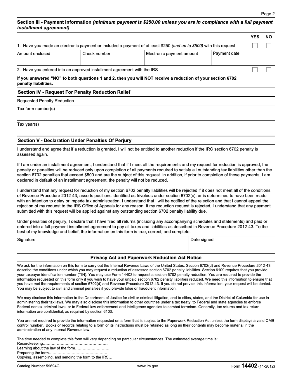Page 2 of 4 of the official IRS Form 14402 PDF (November 2012 edition)