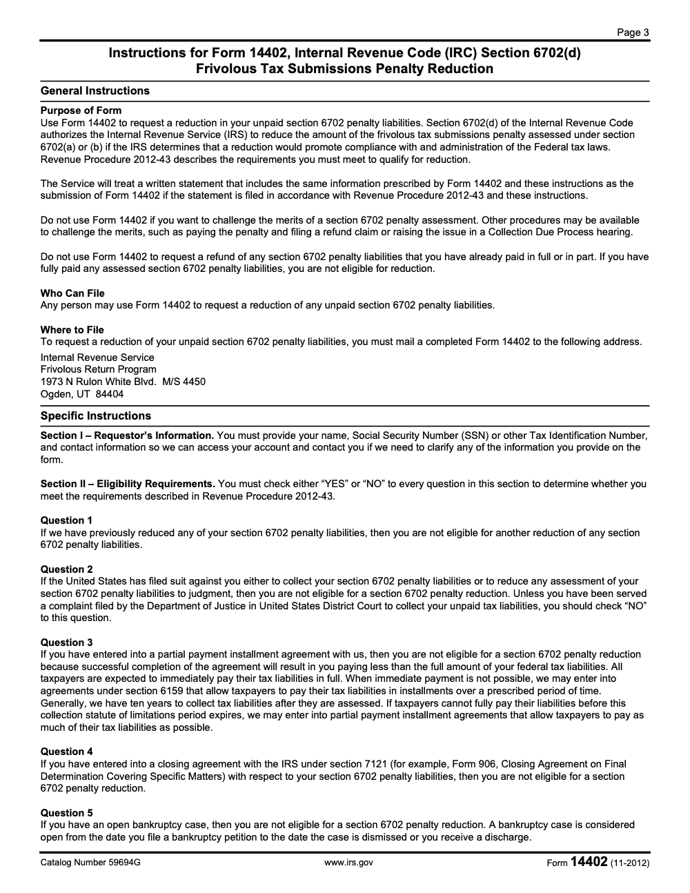 Page 3 of 4 of the official IRS Form 14402 PDF (November 2012 edition): instructions