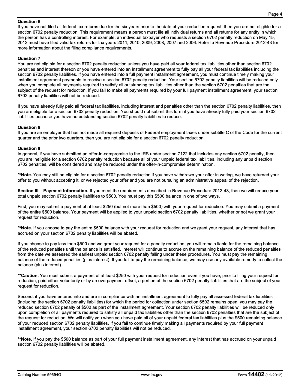 Page 4 of 4 of the official IRS Form 14402 PDF (November 2012 edition)