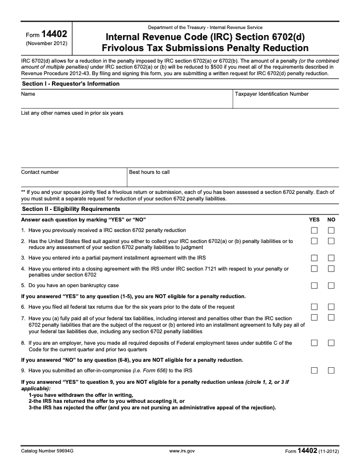 Page 1 of 4 of the official IRS Form 14402 PDF (November 2012 edition)