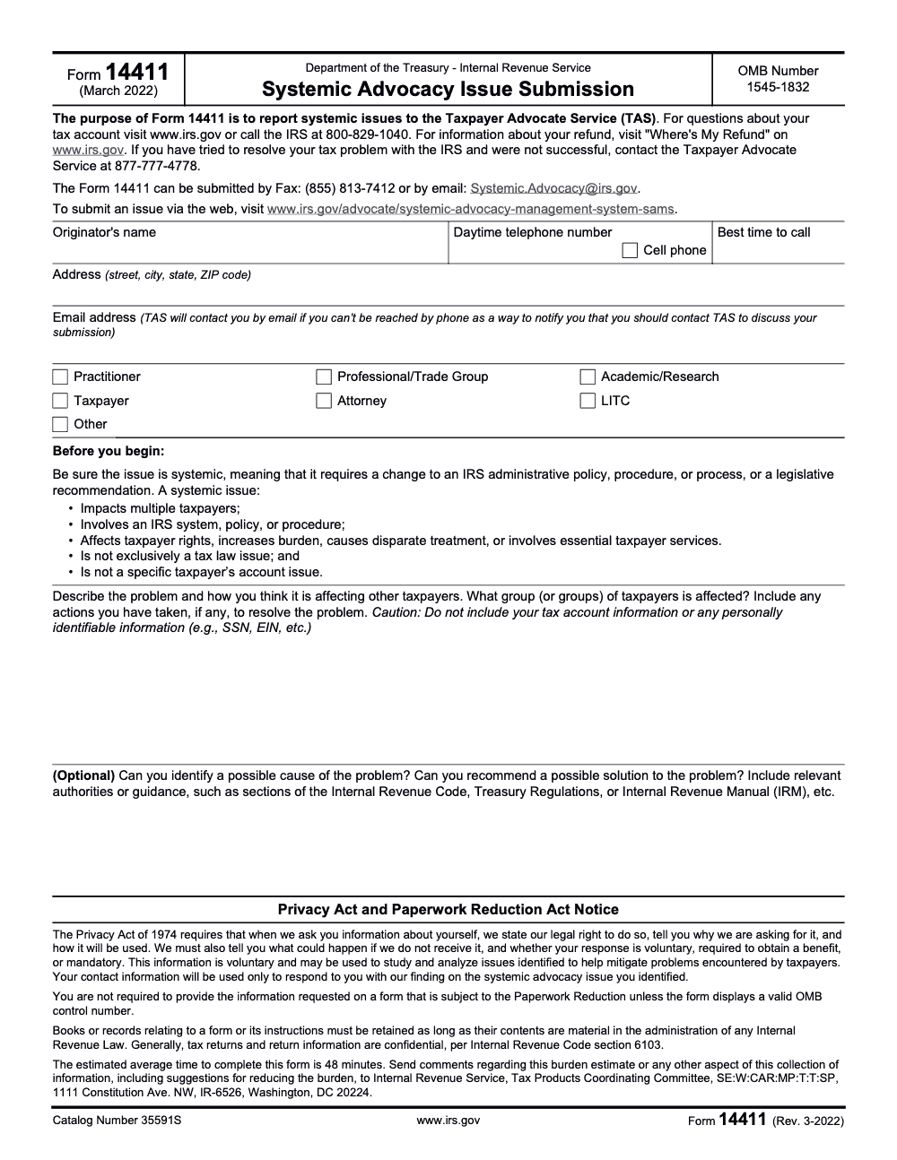 Page 1 of 1 of the official IRS Form 14411 PDF (Rev. March 2022)