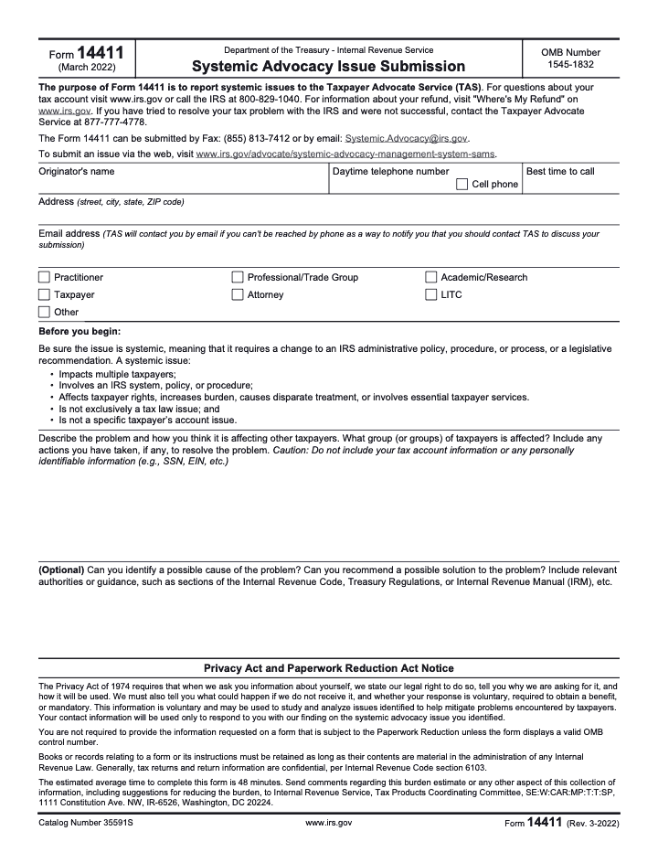 Page 1 of 1 of the official IRS Form 14411 PDF (Rev. March 2022)
