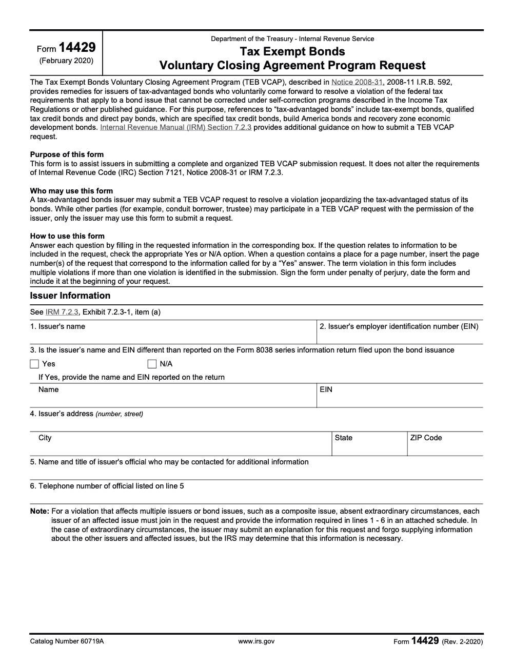 Page 1 of 4 of the official IRS Form 14429 PDF (Rev. February 2020)