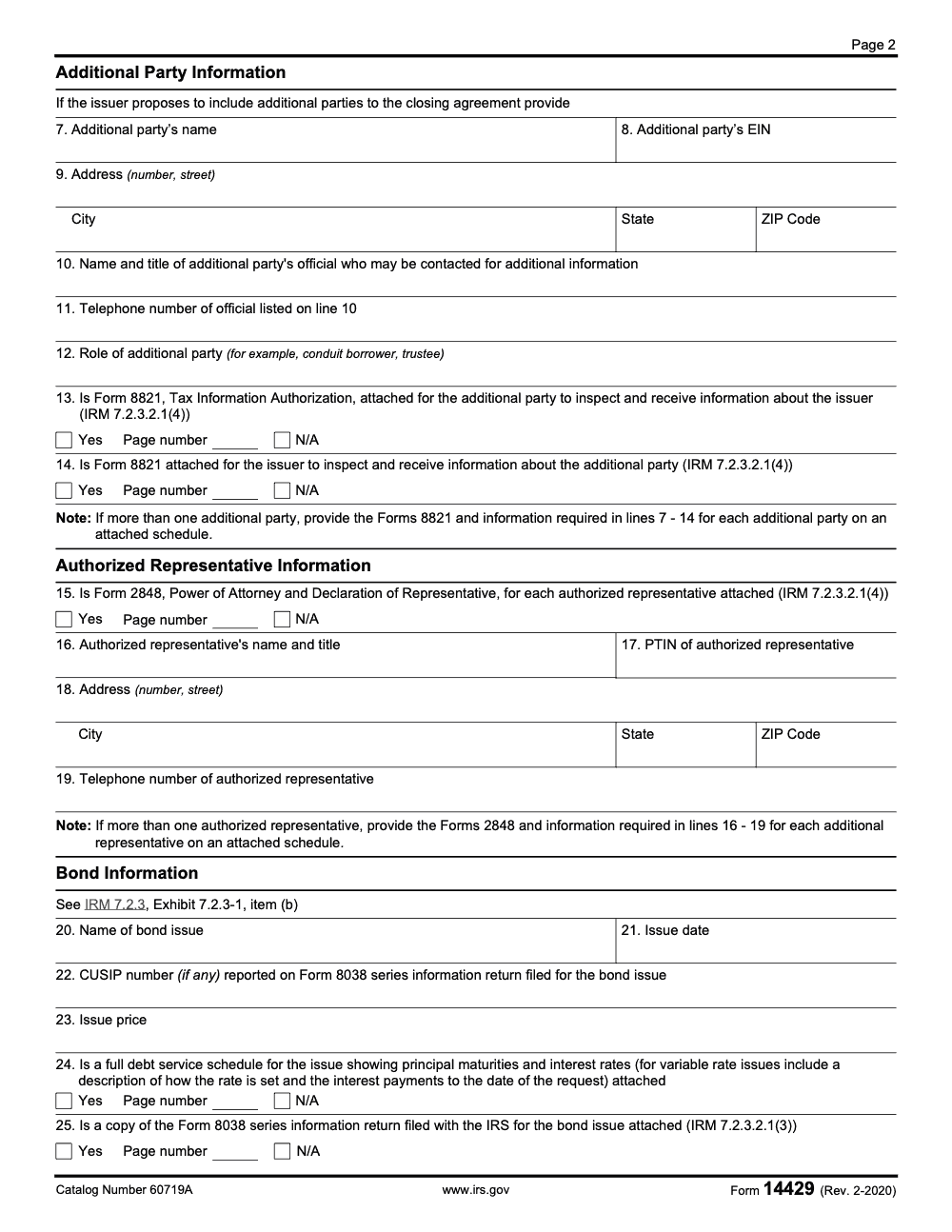 Page 2 of 4 of the official IRS Form 14429 PDF (Rev. February 2020)