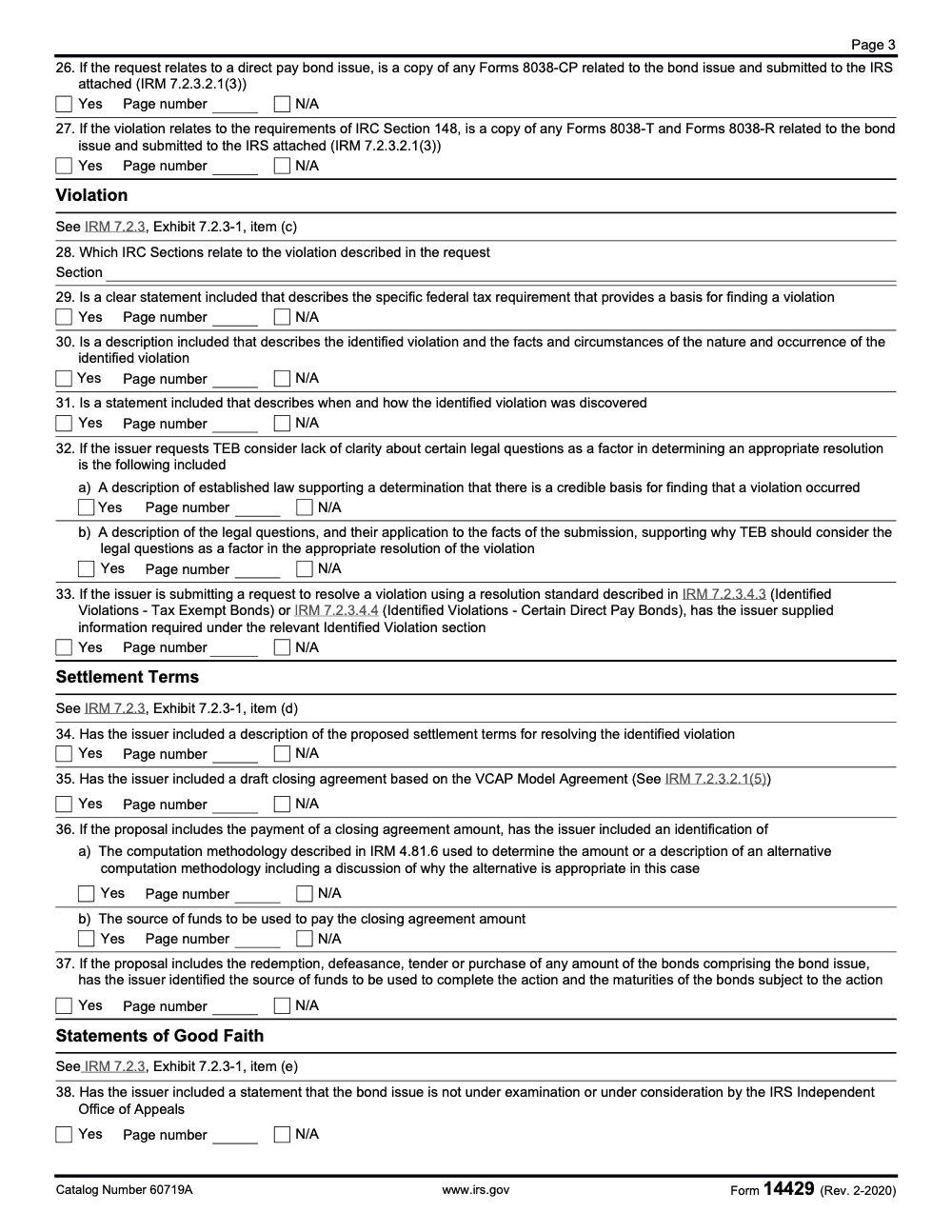 Page 3 of 4 of the official IRS Form 14429 PDF (Rev. February 2020)