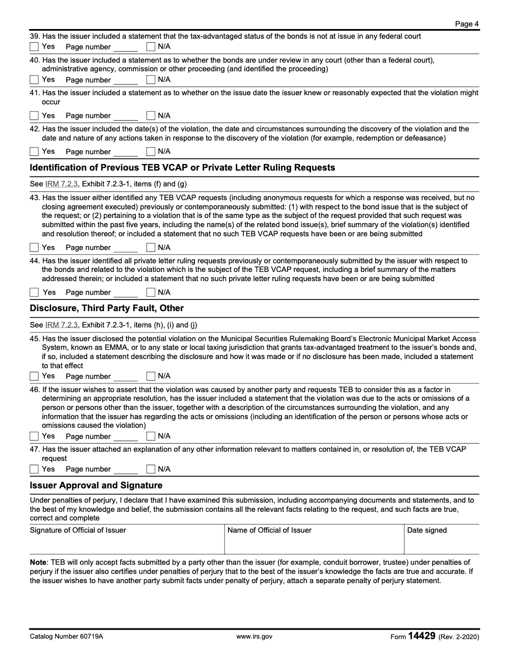 Page 4 of 4 of the official IRS Form 14429 PDF (Rev. February 2020)