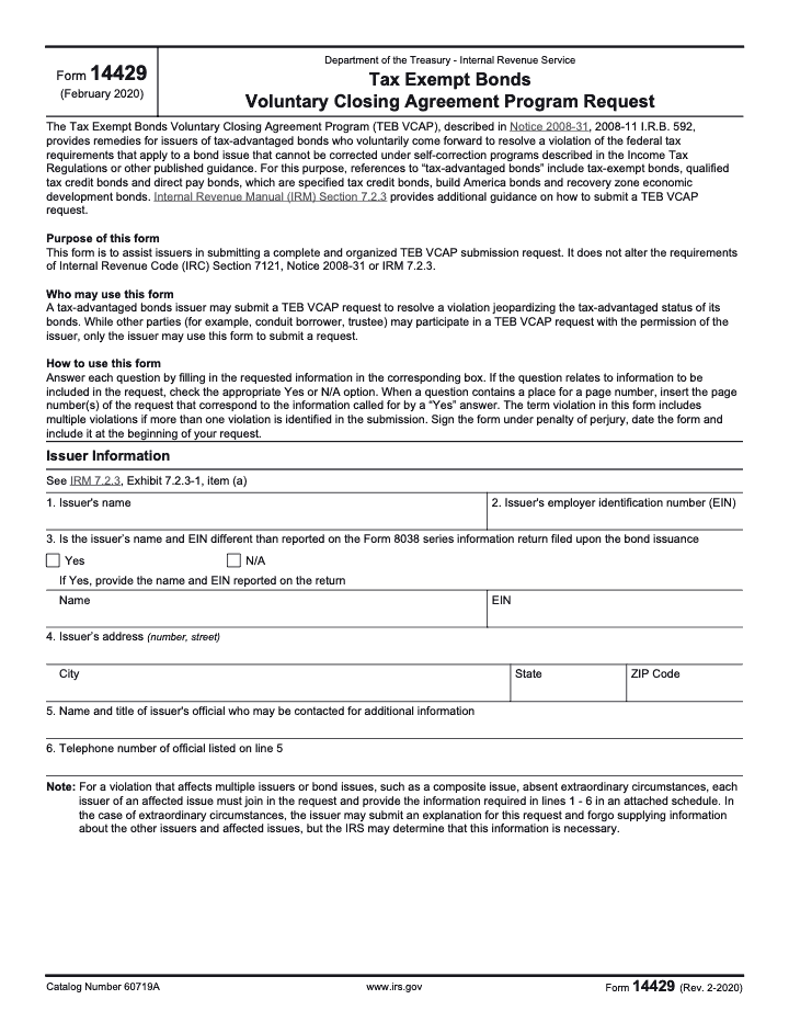 Page 1 of 4 of the official IRS Form 14429 PDF (Rev. February 2020)