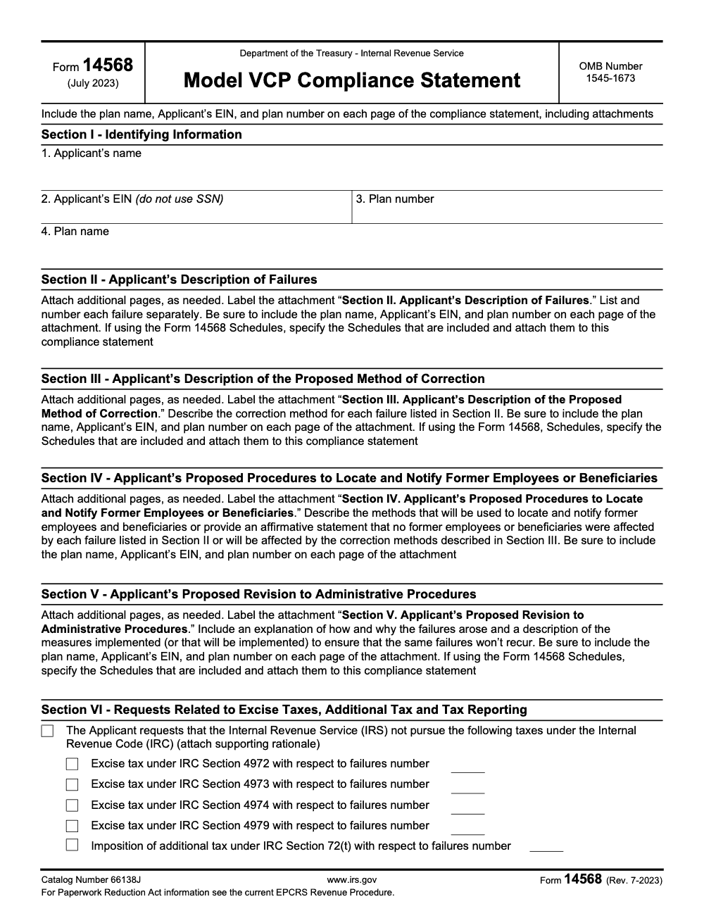 Page 1 of 3 of the official IRS Form 14568 PDF (Rev. July 2023)