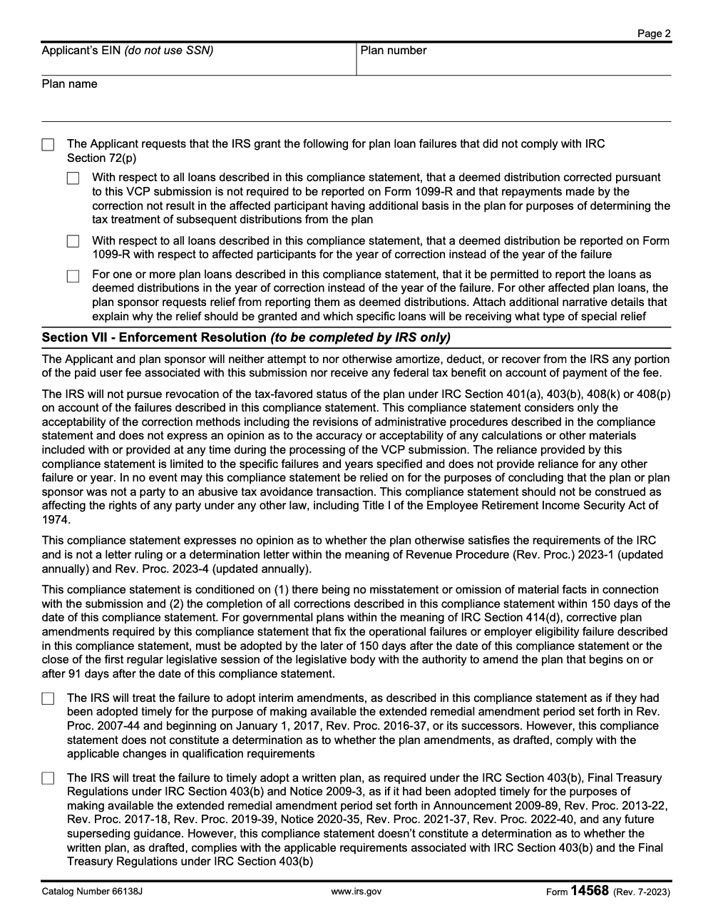 Page 2 of 3 of the official IRS Form 14568 PDF (Rev. July 2023)