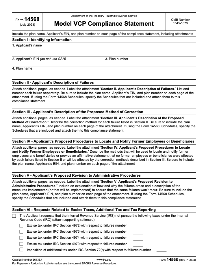 Page 1 of 3 of the official IRS Form 14568 PDF (Rev. July 2023)