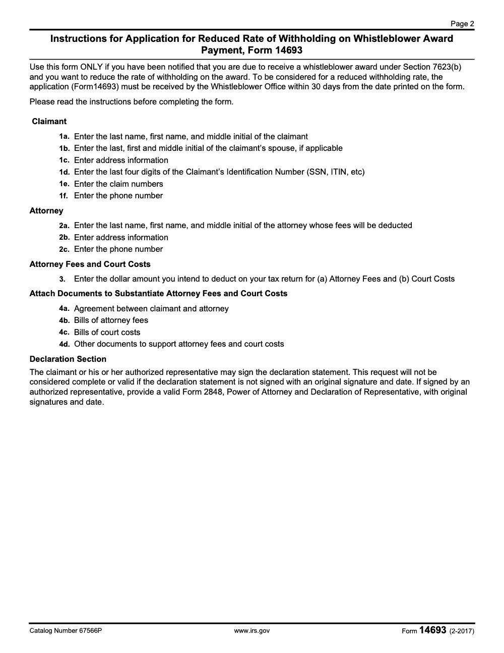 Page 2 of 2 of the official IRS Form 14693- Reduce IRS Withholding on Whistleblower Awards PDF (February 2017 edition)