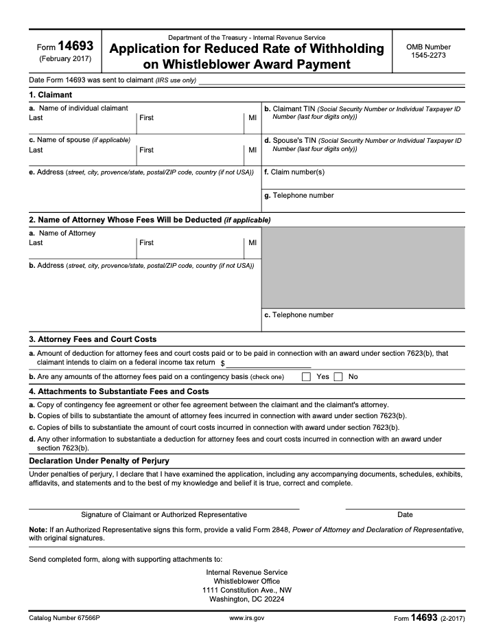 Page 1 of 2 of the official IRS Form 14693- Reduce IRS Withholding on Whistleblower Awards PDF (February 2017 edition)