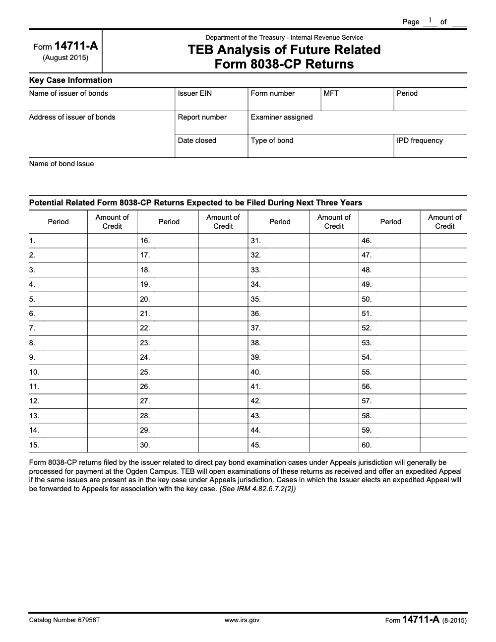 Page 1 of 1 of the official IRS Form 14711‑A PDF (August 2015 edition)