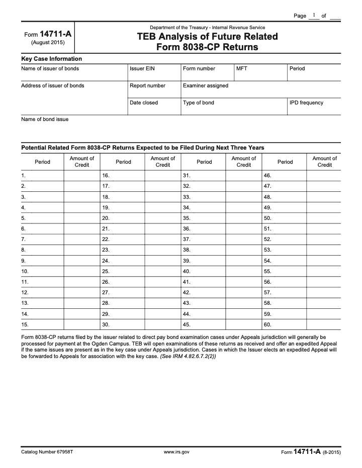 Page 1 of 1 of the official IRS Form 14711‑A PDF (August 2015 edition)