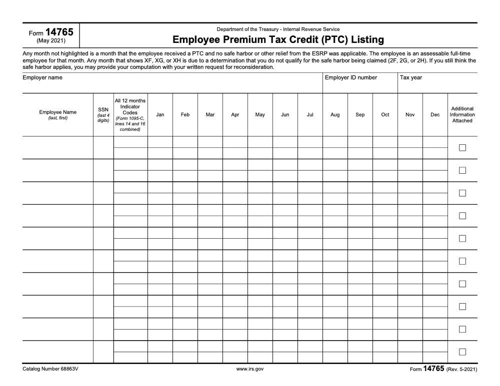 Page 1 of 1 of the official IRS Form 14765 PDF (Rev. May 2021)