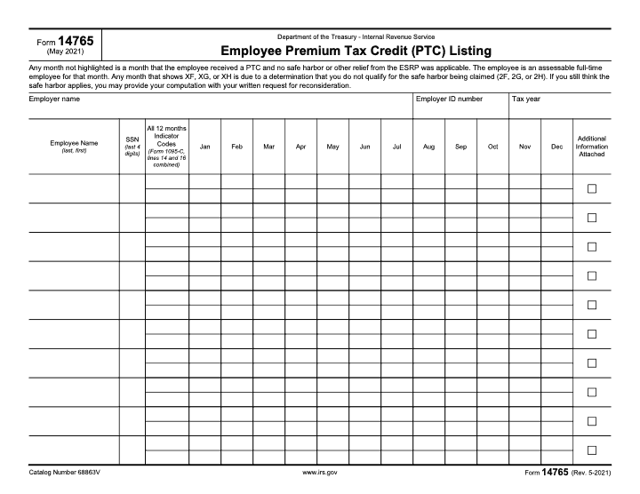 Page 1 of 1 of the official IRS Form 14765 PDF (Rev. May 2021)