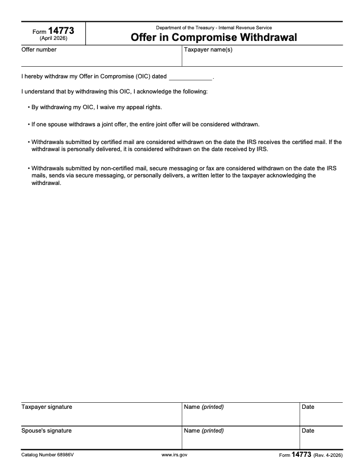 Page 1 of 1 of the official IRS Form 14773 PDF (Rev. April 2026)