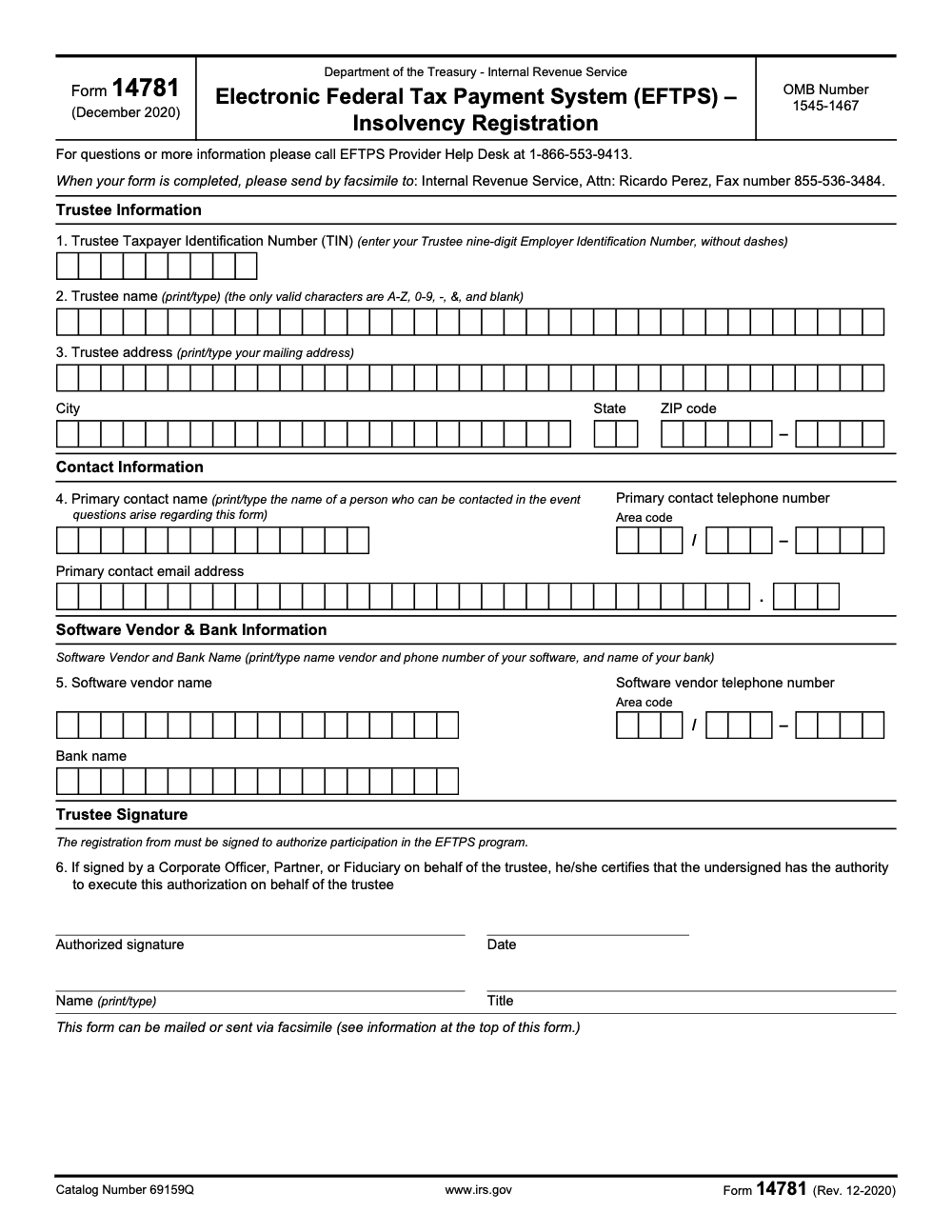 Page 1 of 1 of the official IRS Form 14781 PDF (Rev. December 2020)
