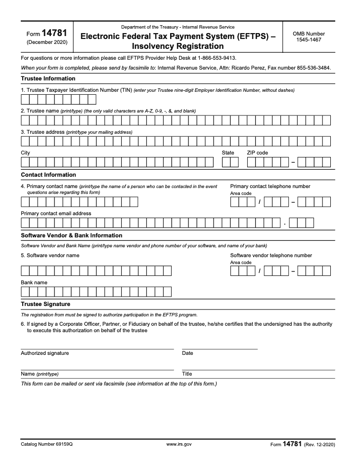 Page 1 of 1 of the official IRS Form 14781 PDF (Rev. December 2020)