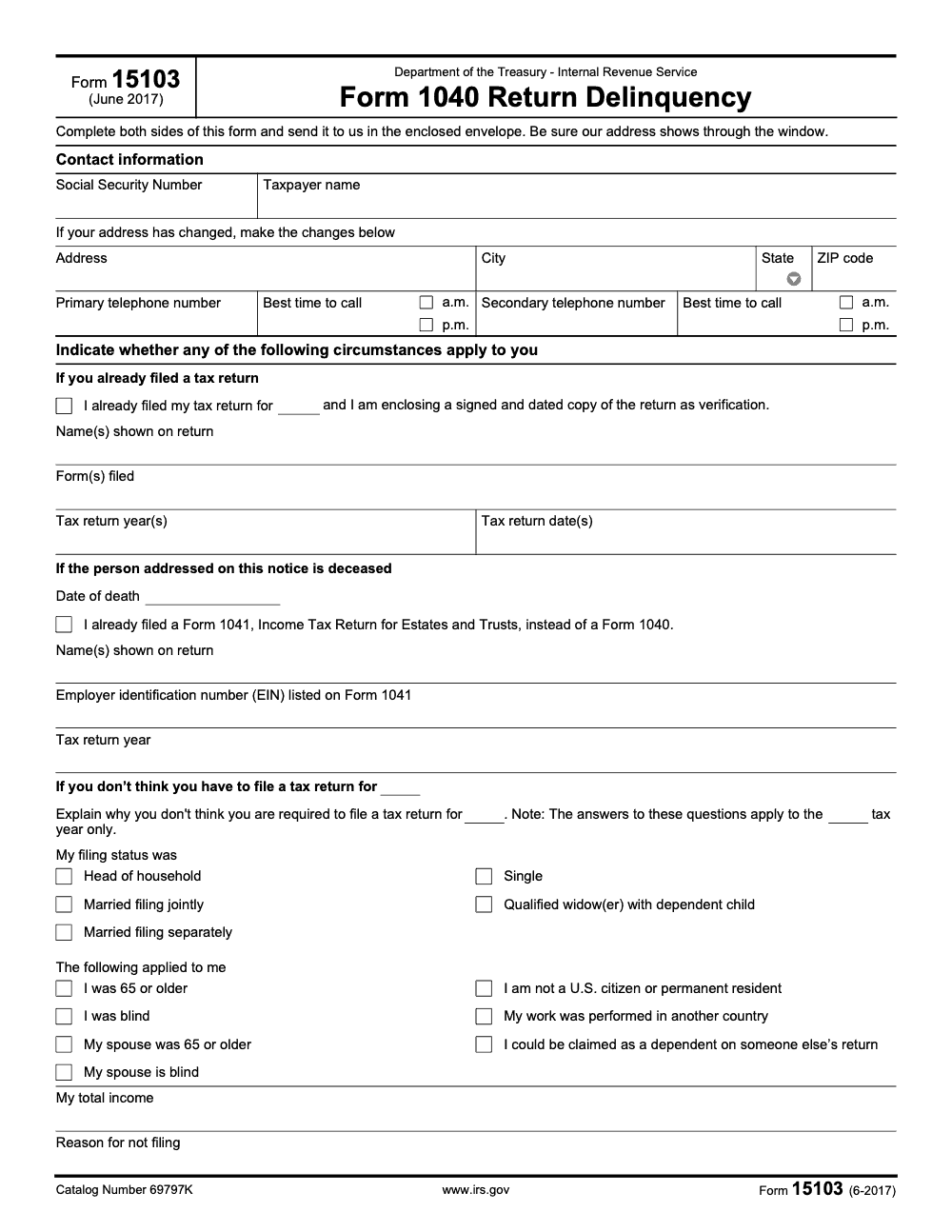 Page 1 of 2 of the official IRS Form 15103 PDF (June 2017 edition)