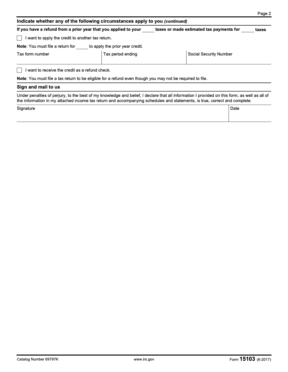 Page 2 of 2 of the official IRS Form 15103 PDF (June 2017 edition)