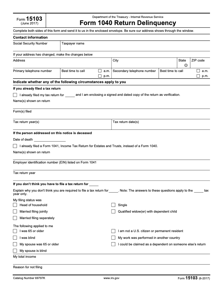 Page 1 of 2 of the official IRS Form 15103 PDF (June 2017 edition)