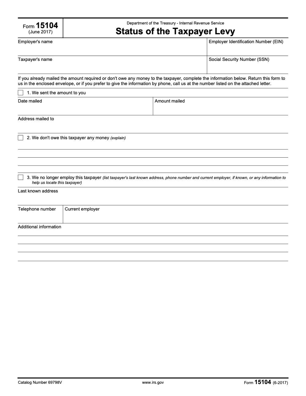 Page 1 of 1 of the official IRS Form 15104 PDF (June 2017 edition)