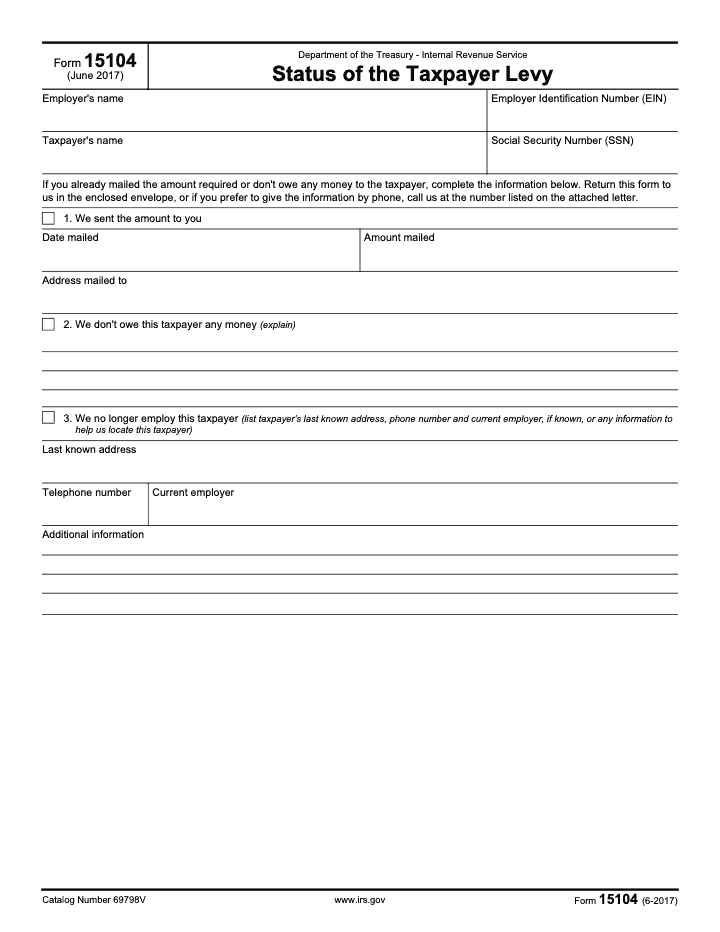 Page 1 of 1 of the official IRS Form 15104 PDF (June 2017 edition)