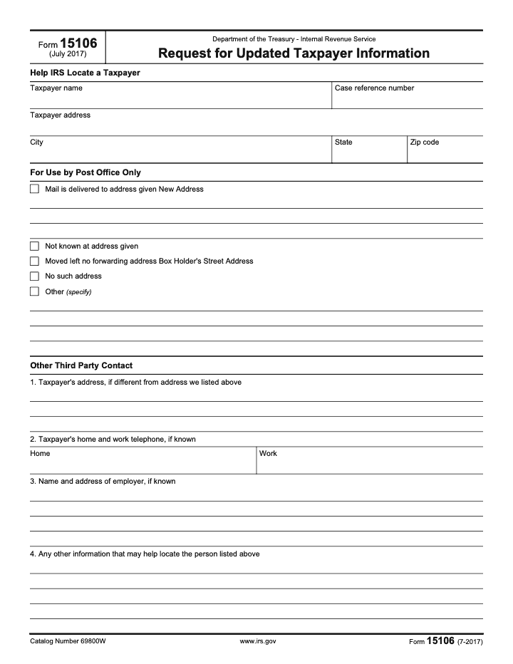 Page 1 of 1 of the official IRS Form 15106 PDF (July 2017 edition)