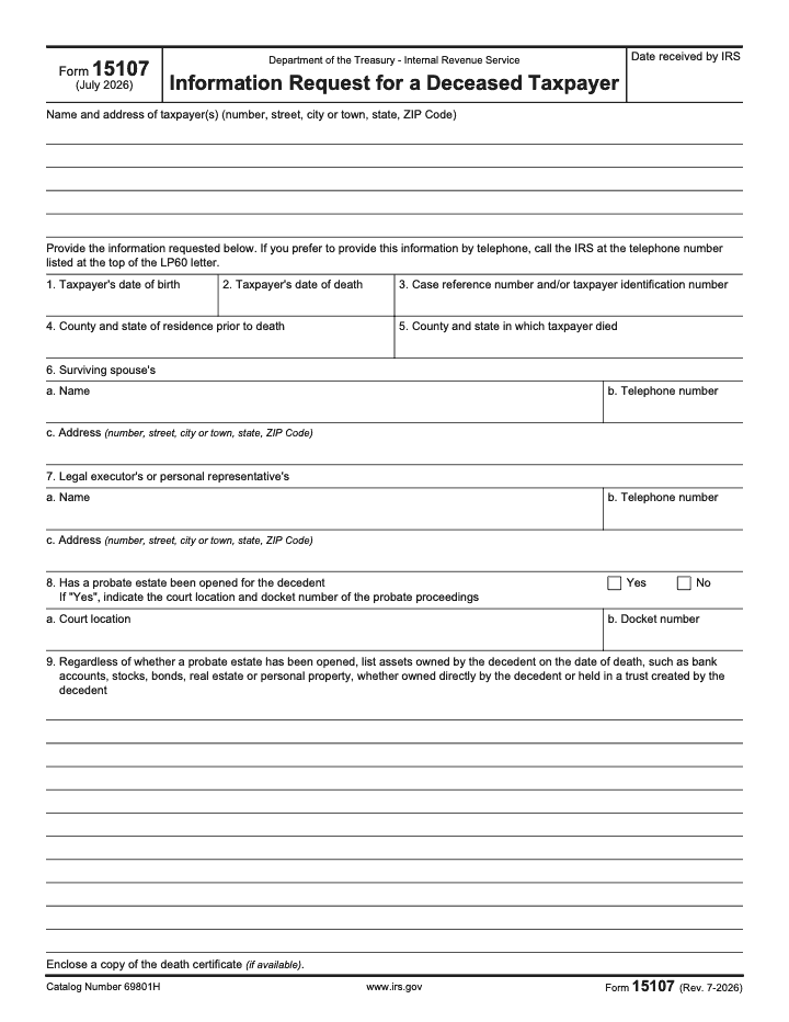 Page 1 of 1 of the official IRS Form 15107 PDF (Rev. July 2026)