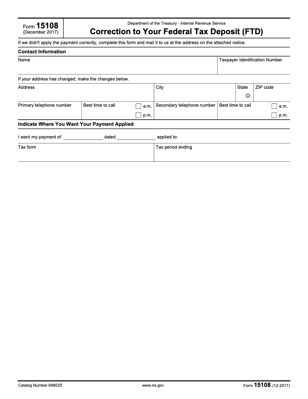 Page 1 of 1 of the official IRS Form 15108 PDF (December 2017 edition)