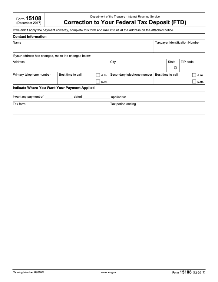 Page 1 of 1 of the official IRS Form 15108 PDF (December 2017 edition)