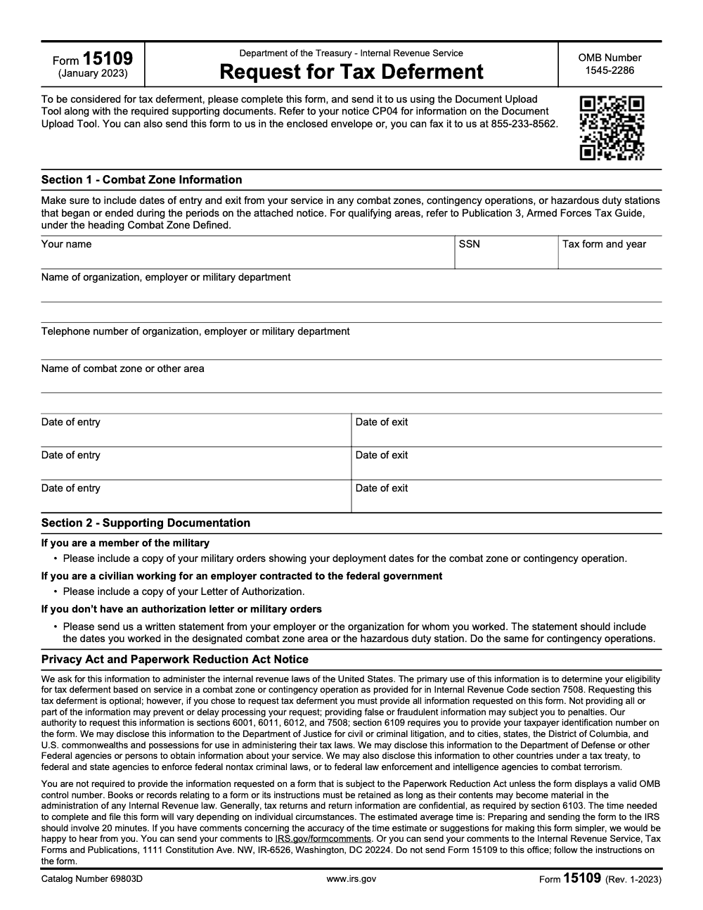 Page 1 of 1 of the official IRS Form 15109 PDF (Rev. January 2023)