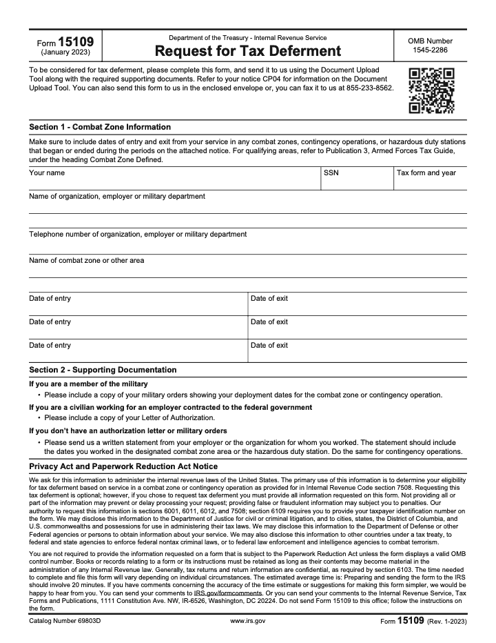 Page 1 of 1 of the official IRS Form 15109 PDF (Rev. January 2023)
