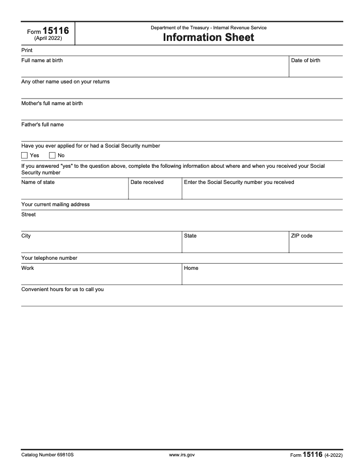 Page 1 of 1 of the official IRS Form 15116 PDF (April 2022 edition)