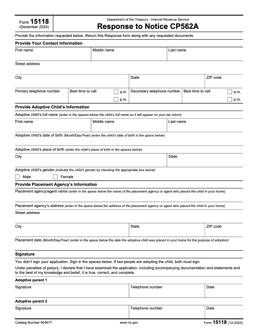 Page 1 of 2 of the official IRS Form 15118 PDF (December 2024 edition)