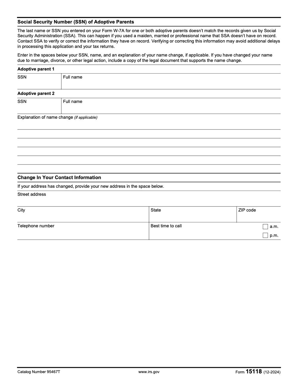 Page 2 of 2 of the official IRS Form 15118 PDF (December 2024 edition)