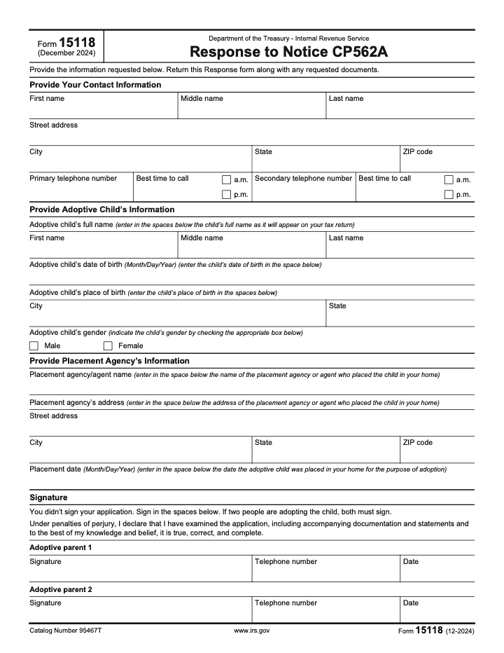 Page 1 of 2 of the official IRS Form 15118 PDF (December 2024 edition)