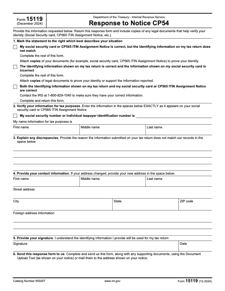 Page 1 of 1 of the official IRS Form 15119 PDF (December 2024 edition)