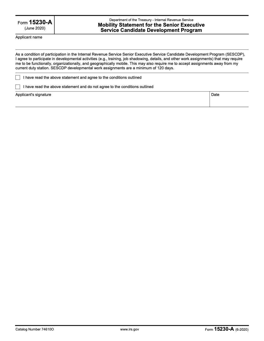 Page 1 of 1 of the official IRS Form 15230‑A PDF (June 2020 edition)